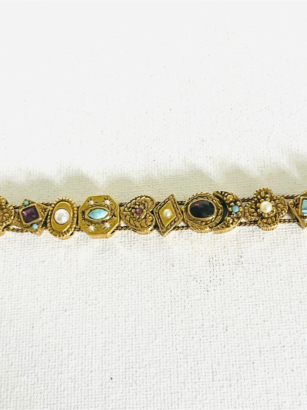 Vintage Signed Goldette NY Multiple Gemstones Safety Chain Slide Charm Bracelet
